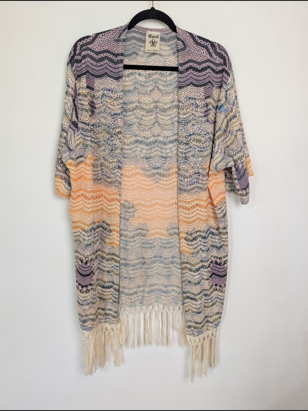 Boho Multi-Color Open Knit Fringe Cardigan Sweater Kimono Festival Tassel Indie